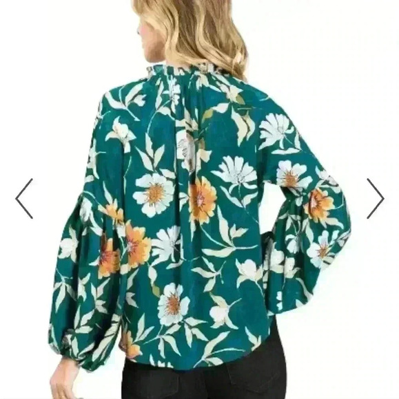 LOVESTICH Love Stitch Women's Med Boho Long Sleeve Blue Green Floral Blouse - Picture 2 of 11